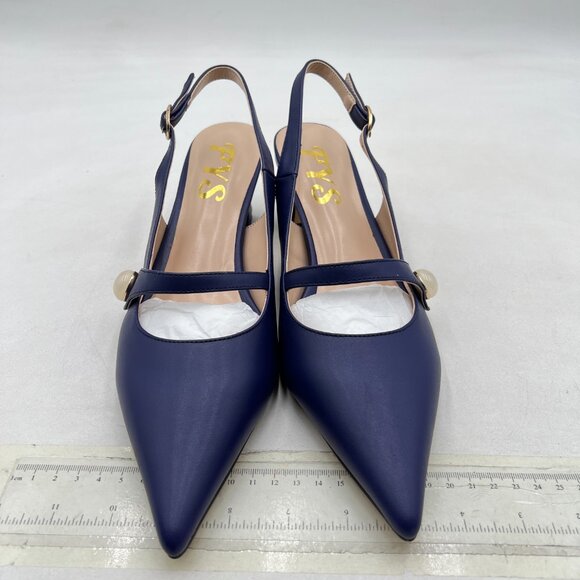 FYS Blue Low Heel Slingback Pearl Pointed Toe Pumps Buckle Slip On Dress Shoes - Picture 3 of 8